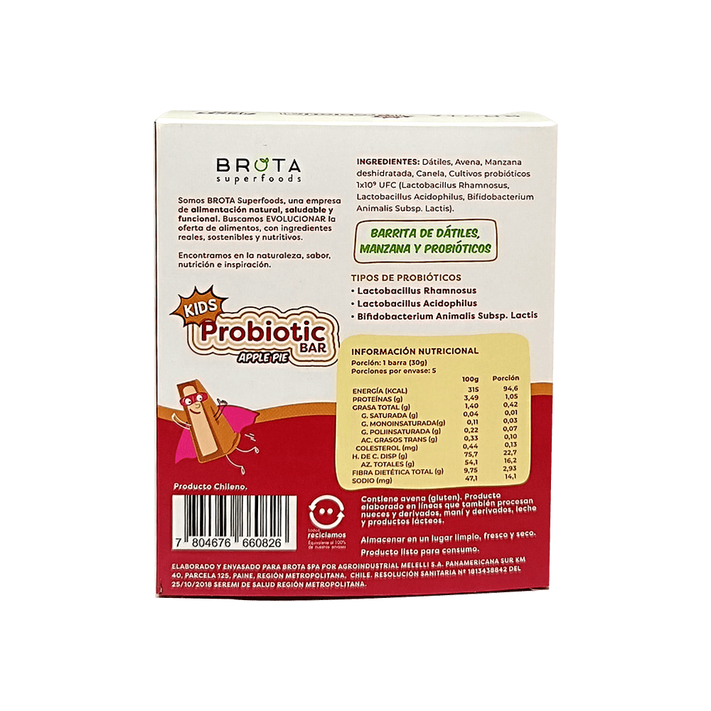 Caja de 5 Barritas de Probióticos Probiotic Kids Bar sabor Apple pie