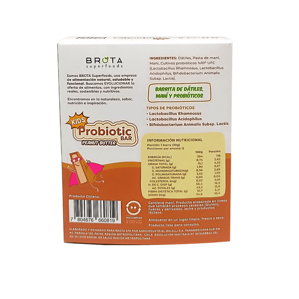 Caja 5 Barritas de Probióticos Probiotic Kids Bar sabor Peanut Butter